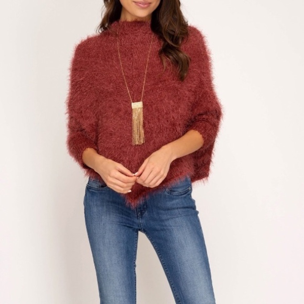 Trendy Batwing Sleeved Eyelash Sweater in Marsala - Picture 2 of 8